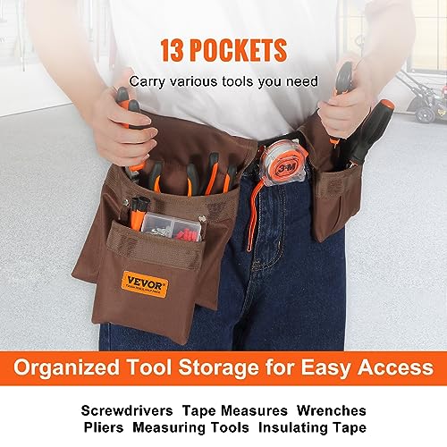 VEVOR Tool Belt, 13 Pockets, Adjusts from 29 Inches to 54 Inches, Polyester Heavy Duty Tool Pouch Bag, Detachable Tool Bag for Electrician, VEVOR