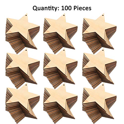 Tatuo 100 Pieces Christmas Wooden Star Ornaments Star Wooden Ornaments Cutouts for Crafts Hanging Ornaments with Ropes for Embellishments, Wedding, Tatuo