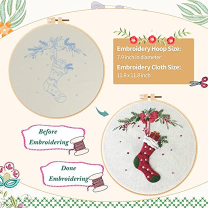 Canlierr 6 Sets Christmas Embroidery Kit with Pattern and Instructions Embroidery Starter Kit Embroidery Pattern Hoop Colored Threads Needlepoint Kit - WoodArtSupply