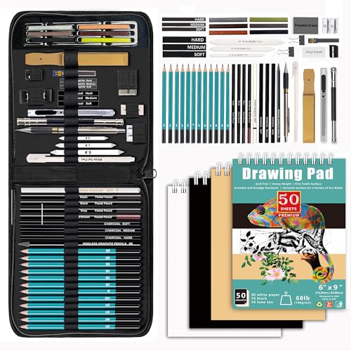 KALOUR 50 Pack Drawing Set Sketch Kit Pro,Art Sketching Supplies with 3-Color Sketchbook,Include Graphite,Charcoal, Pastel and Mechanical