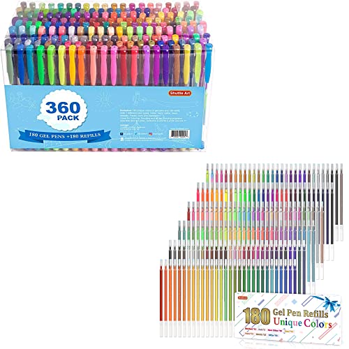 Shuttle Art Gel Pens Bundle, 360 Pack Gel Pens Set + 180 Gel Pen Refills, 7 Color Types for Kids Adults Coloring Books Drawing Doodling Crafts - WoodArtSupply