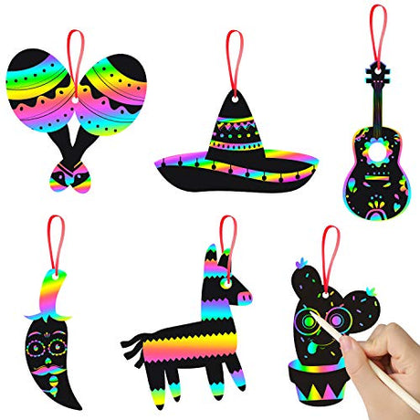 WATINC 60 pcs Mexican Fiesta Scratch Cards Art Set for Kids and Adults, Cinco De Mayo Party Decorations Favor, DIY Magic Colorful Art Craft Kit, WATINC