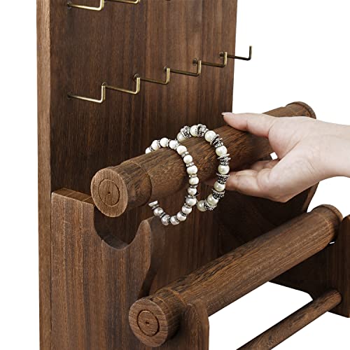 Ikee Design Wood Jewelry Holder Organizer Stand with 18 Hooks and Removable Holders,Earring and Bracelet Organizer,2 Tier Jewelry Tree Storage Tower,