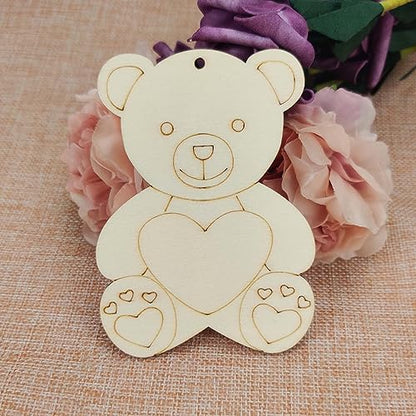 Creaides 20pcs Bear Wood DIY Crafts Cutouts Wooden Bear Hug Heart Shaped Hanging Ornaments with Hole Hemp Ropes Gift Tags for Baby Shower Wedding