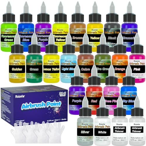 Airbrush Paint, 22 Colors with 2 Thinner Airbrush Paint Set, Water-Based Air brush Paints Acrylic Ready to Spray Includes Metallic & Neon Colors, - WoodArtSupply