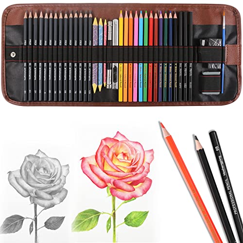 Heshengping, 41pcs Sketching Pencil Set Drawing Sketch Kit Graphite Pencils Charcoal Pencils Watercolor Pencils Blending Stumps 50page sketchbook, - WoodArtSupply