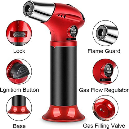 Blow Torch, Professional Kitchen Cooking Torch with Lock Adjustable Flame Refillable Mini Blow Torch Lighter for BBQ, Baking, Brulee Creme, Crafts