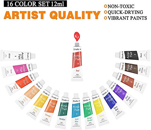 Shuttle Art Acrylic Paint Set, 16 x12ml Tubes Artist Quality Non Toxic Rich Pigments Colors Great for Kids Adults Professional Painting on Canvas