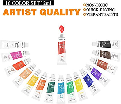 Shuttle Art Acrylic Paint Set, 16 x12ml Tubes Artist Quality Non Toxic Rich Pigments Colors Great for Kids Adults Professional Painting on Canvas