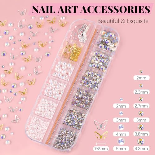 3D Nail Charms, Manicure Kit with Nail Rhinestone Glue Gel (UV Curing), Butterfly White Pink Flower Starry AB Gems Caviar Beads Half Round Pearl & BELLEBOOST