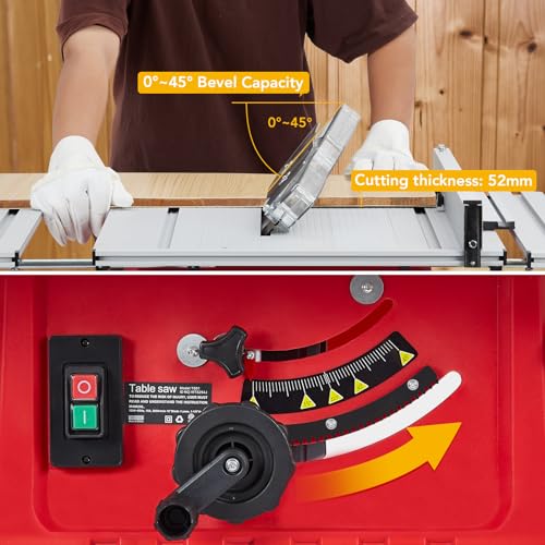 Table Saw, Towallmark 10 Inch 15A Multifunctional Saw with Stand & Push Stick, 90° Cross Cut & 0-45° Bevel Cut, 5000RPM, Adjustable Blade Height for