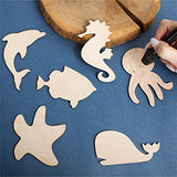 PLYDOLEX 24 Pieces Unfinished Wooden Cutouts Sea Animals Cutouts - 6 Shapes of Fish Cutouts: Wooden Stars, Dolphin Cutout, Octopus Cutout and Others Plydolex