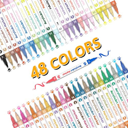 48 Colors Paint Pens Paint Markers, Dual Brush Tip & Dual Colors Acrylic Paint Markers, Non Toxic Acrylic Paint Pens for Rock Painting, Glass,