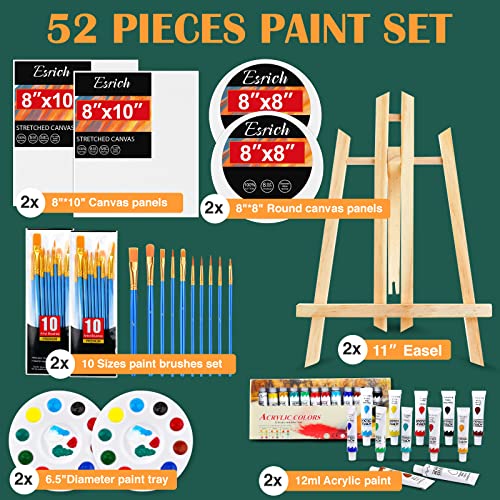 ESRICH Acrylic Paint Canvas Set,52 Piece Professional Painting Supplies Kit with 2 Wood Easel,2 * 12Colors,2 * 10 Brushes,Circular Canvas Etc,Premium