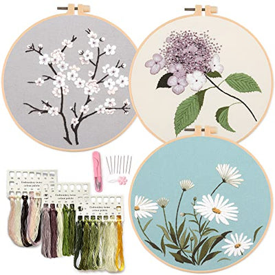 Silentsea 3 Sets of Starter Kits for Embroidery Beginners, Including 3* Embroidery Cloth with Patterns, Hoop, Needle, Manual and Other Manual DIY