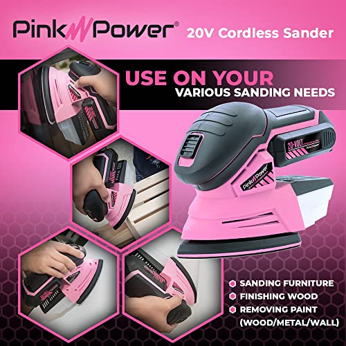 Pink Power Detail Sander for Woodworking 20V Cordless Electric Hand Sander for Wood Furniture - Mini Palm Sander Tool with Sandpaper, Li-Ion Battery Pink Power