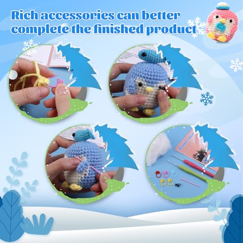 UOOU 3 Pack Crochet Kit, Penguin Crochet Kit for Beginners with Easy Yarn, Step-by-Step Video Tutorials, Complete Crochet Animal Kit, Knitting Kit UOOU