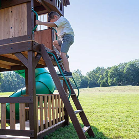 Backyard Discovery Skyfort All Cedar Swing Set, Elevated Covered Wood Roof Clubhouse with Bay Windows, 2 Belt Swings, Web Swing, 10ft Wave Slide, 5 Backyard Discovery