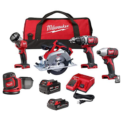 Milwaukee M18 5 Tool Combo Kit: 2606-20 1/2" Drill Driver, 2656-20 1/4" Hex Impact Driver, 2630-20 6-1/2" Circular Saw, 2648-20 Random Orbit Sander, - WoodArtSupply