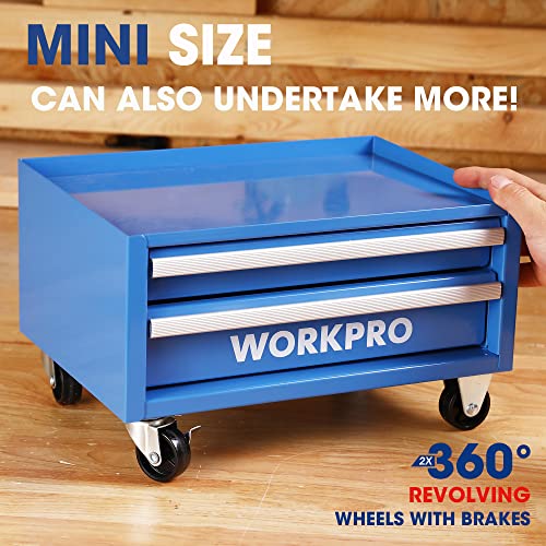 WORKPRO Kids Real Tool Set with 12 Inch Steel Tool Chest with Wheels, 10PCS Boys First Tool Set with 2 Drawers Blue Metal Rolling Tool Chest, Kids WORKPRO