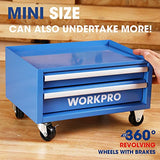 WORKPRO Kids Real Tool Set with 12 Inch Steel Tool Chest with Wheels, 10PCS Boys First Tool Set with 2 Drawers Blue Metal Rolling Tool Chest, Kids WORKPRO