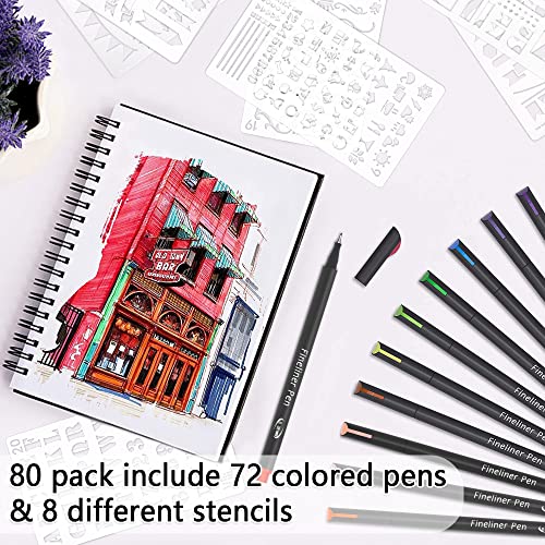 Tebik 80 Pack Planner Pens Colored Pens, 72 Colors Drawing Pens with 8 Stencils, Fineliners for Journal Planner Note Calendar Writing Coloring, Tebik