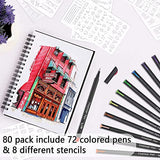 Tebik 80 Pack Planner Pens Colored Pens, 72 Colors Drawing Pens with 8 Stencils, Fineliners for Journal Planner Note Calendar Writing Coloring, Tebik