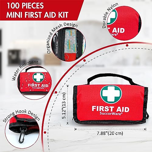 SuccorWare Small First Aid Kit - 100 Piece - Mini First Aid Kit for Home, Camping, Hiking, Backpacking, Travel, Vehicle, Outdoors - Emergency & SuccorWare