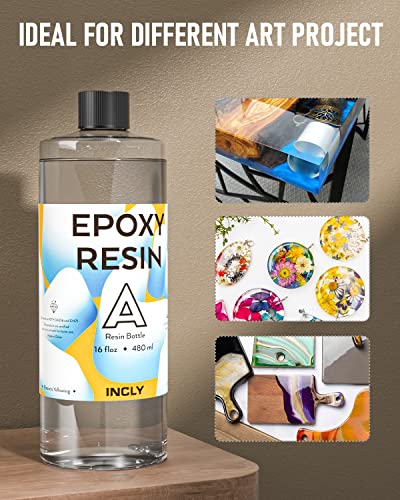 INCLY 32OZ Crystal Clear Epoxy Resin Kit, High Gloss & Bubbles Free Resin Supplies For Coating and Casting, Table Top, Countertop, River Table, Wood, INCLY