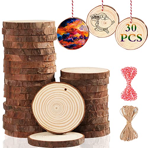 Artmag Natural Wood Slices 30pcs 2.4"-2.8" Unfinished DIY Crafts Predrilled with Hole Round Wooden Circles for Arts Rustic Wood Slices Christmas Artmag