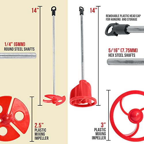 TCP Global 2 Types of Paint, Epoxy Resin, Mud Power Mixer Blade Drill Tools for Mixing Quarts to 2.5 Gallon Buckets - 14" Long, 1/4" Round and 5/16" - WoodArtSupply