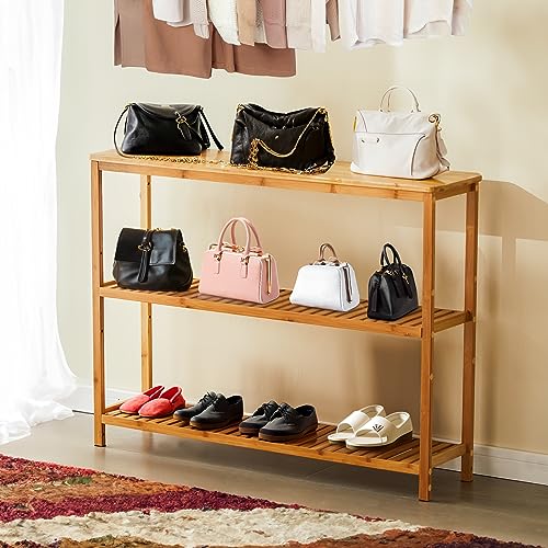 SINWANT Bamboo Console Table, 3 Tier Entryway Table with Storage, Narrow Sofa Table with Shelves,Entrance Table for Entryway,Living Room, Foyer, SINWANT