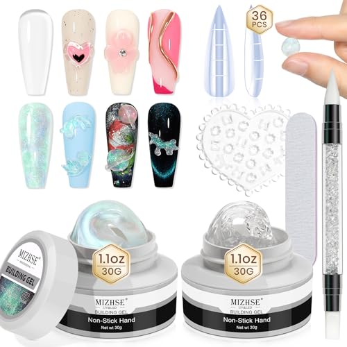 MIZHSE Solid Builder Gel – 2PCS 1oz Mermaid Pearl & Clear Hard Gel for Nails Kit with Nail Forms 3D Silicone Mold Soak-off U V 3D Nail Gel for Nail MIZHSE