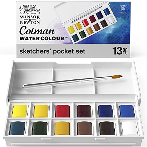 Winsor & Newton Cotman Watercolor Paint Set, Sketchers' Pocket Set, 12 Half Pans w/ Brush - WoodArtSupply