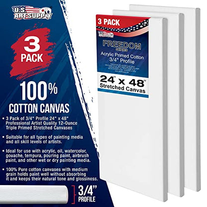 U.S. Art Supply 24 x 48 inch Stretched Canvas 12-Ounce Primed 3-Pack - Professional White Blank 3/4" Profile Heavy-Weight Gesso Acid Free Bulk Pack - - WoodArtSupply