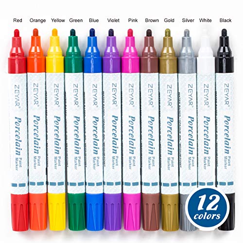 ZEYAR Acrylic Paint Pens for Porcelain, Professional Ceramic painting, 12 colors Water-based, Medium Point, Water and Fade Resistant, DIY on Mugs and ZEYAR