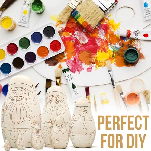 AEVVV Unfinished Russian Christmas Crafts Set 7 pcs - Unpainted Christmas Nesting Dolls Blank - Paint Your Own Matryoshka Father Frost, Snow Maiden, - WoodArtSupply