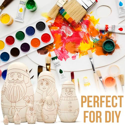 AEVVV Unfinished Russian Christmas Crafts Set 7 pcs - Unpainted Christmas Nesting Dolls Blank - Paint Your Own Matryoshka Father Frost, Snow Maiden, - WoodArtSupply