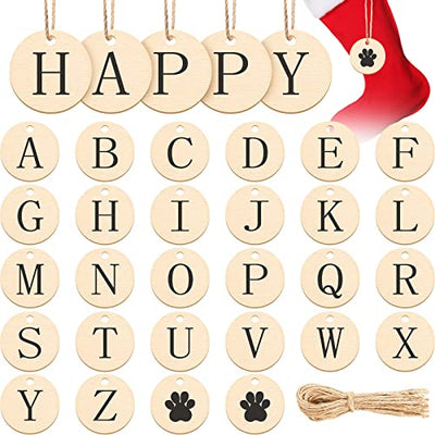 28 Pieces Christmas Stocking Tags Wood Stocking Name Tags Wood Tags Unfinished Wood Pendant Tags Personalized Hanging Stocking Tags Initial Ornaments
