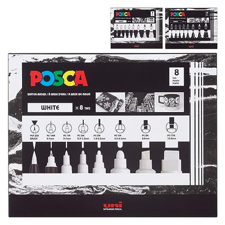 Uni Posca 8-Tip Acrylic Paint Marker Set, White, Non-Toxic, ACMI Certified, Allows You to Color on Any Surface, Ideal for Graffiti, Fine Art, DIY Uni Posca