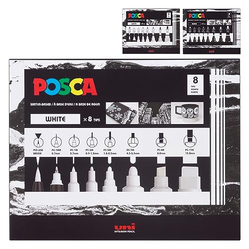 Uni Posca 8-Tip Acrylic Paint Marker Set, White, Non-Toxic, ACMI Certified, Allows You to Color on Any Surface, Ideal for Graffiti, Fine Art, DIY - WoodArtSupply