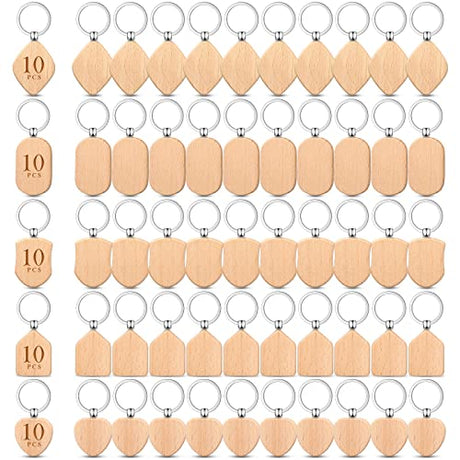 50 Pieces Wooden Keychain Blanks Laser Engraving Blanks Wood Blanks Key Chain Bulk Unfinished Wooden Key Ring Key Tag for DIY Gift Crafts (Assorted Yinkin