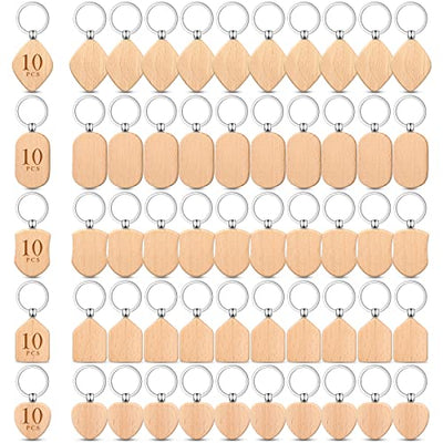 50 Pieces Wooden Keychain Blanks Laser Engraving Blanks Wood Blanks Key Chain Bulk Unfinished Wooden Key Ring Key Tag for DIY Gift Crafts (Assorted