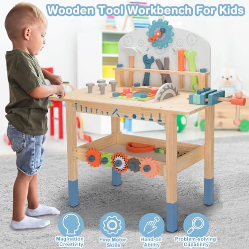 V-Opitos Large Wooden Tool Bench Toys for Kids, Toddler Workbench Pretend Toy with Tools Set for Pretend Play, Ideal Christmas, Birthday Gifts for 3, - WoodArtSupply