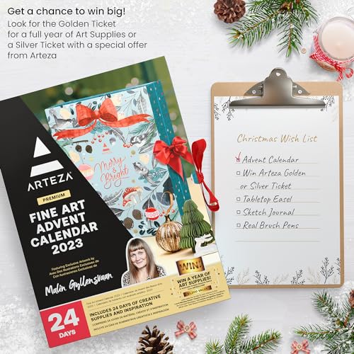 Arteza Advent Calendar 2023 (Fine Art, 24 Days) Art Supplies Holiday Gift for Adults, Includes Acrylic, Oil, Gouache Watercolor Paints, Chrome ARTEZA