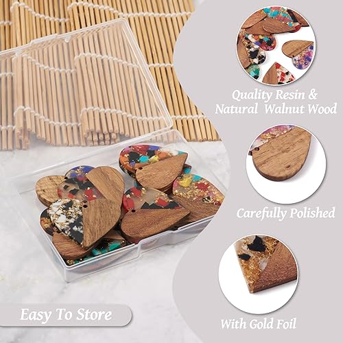 Craftdady 16Pcs Resin Wood Heart Charms with Gold Foil 8 Colors Walnut Wooden Pendants Earring Blank Charms for Women Boho Earrings Crafts DIY Craftdady