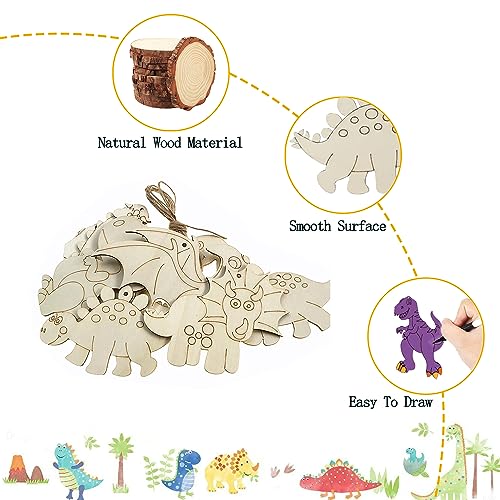 Unfinished Wood Cutouts Ornaments for Crafts,140 Pcs Dinosaur Wooden DIY Paint Craft,Wood Discs Slices Dino Shapes Blank Hanging Embellishment for Nuyoach