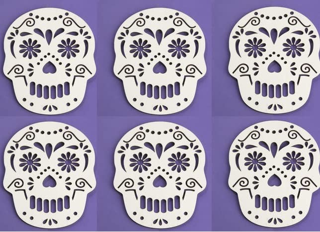 Factory Direct Craft Set of 6 Day of The Dead Sugar Skull Unfinished Wood Cutouts | Blank Skull Shapes for Dia de Los Muertos | Size: 6" x 5" - WoodArtSupply