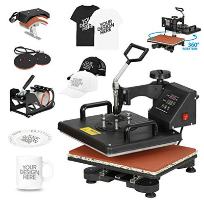 F2C 5 in 1 Pro Heat Press Machine 12x15 Digital Heat Transfer Sublimation Swing-Away for Hat Mug Plate Cap T-Shirt 360-degree Rotation Multifunction