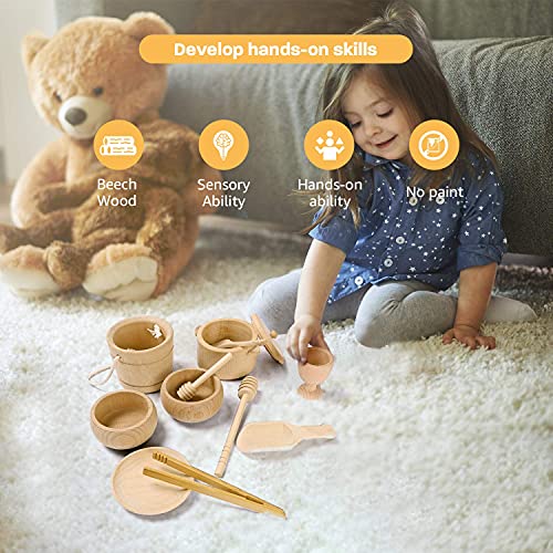 MONT PLEASANT Montessori Toys Sensory Bin Toys for 1 Year Old Toddlers, 11pcs Wooden Waldorf Toys Wooden Scoops and Tongs for Transfer Work and Fine MONT PLEASANT